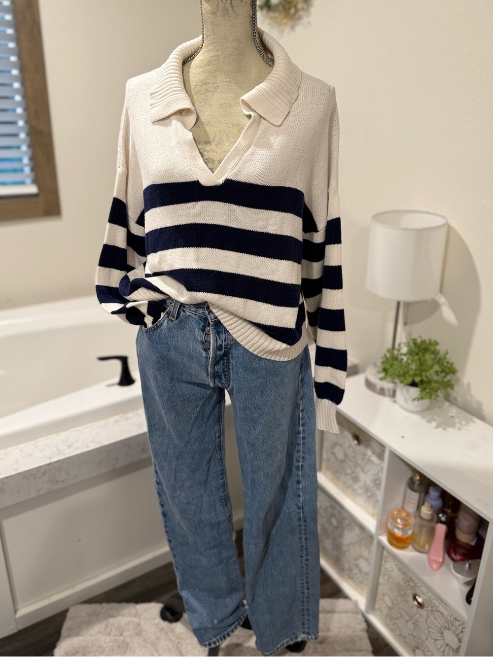 Blu Pepper Navy Cream Striped Collared Knit Sweater L Coastal Preppy